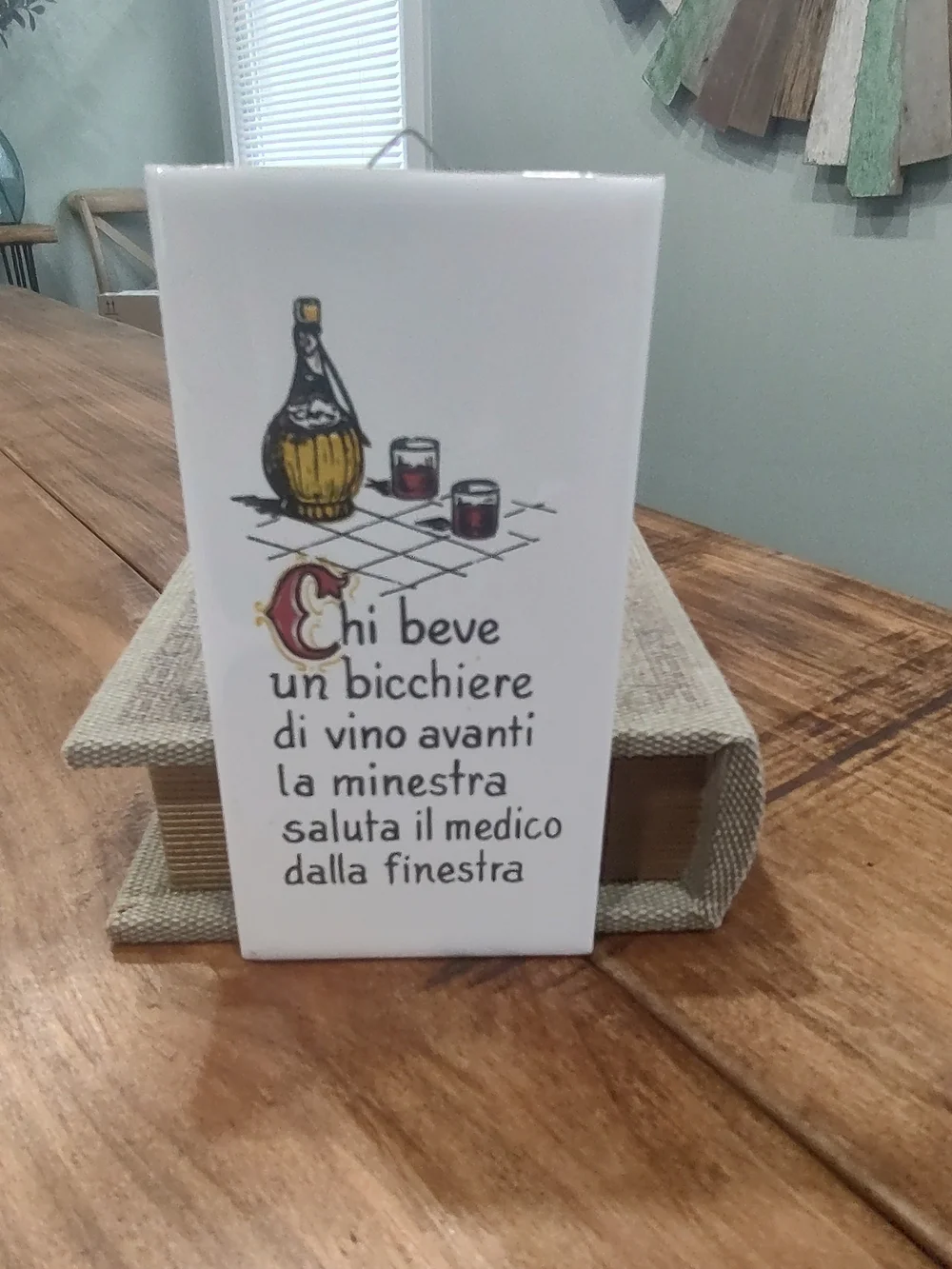 Italian Wine Quote Ceramic Tile Wall Art - White with Yellow & Red Accents